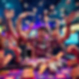 Keno Winner Celebrating A joyful player celebrating a surprise win in Keno at a gaming table, surrounded by colorful game tickets and excited friends.