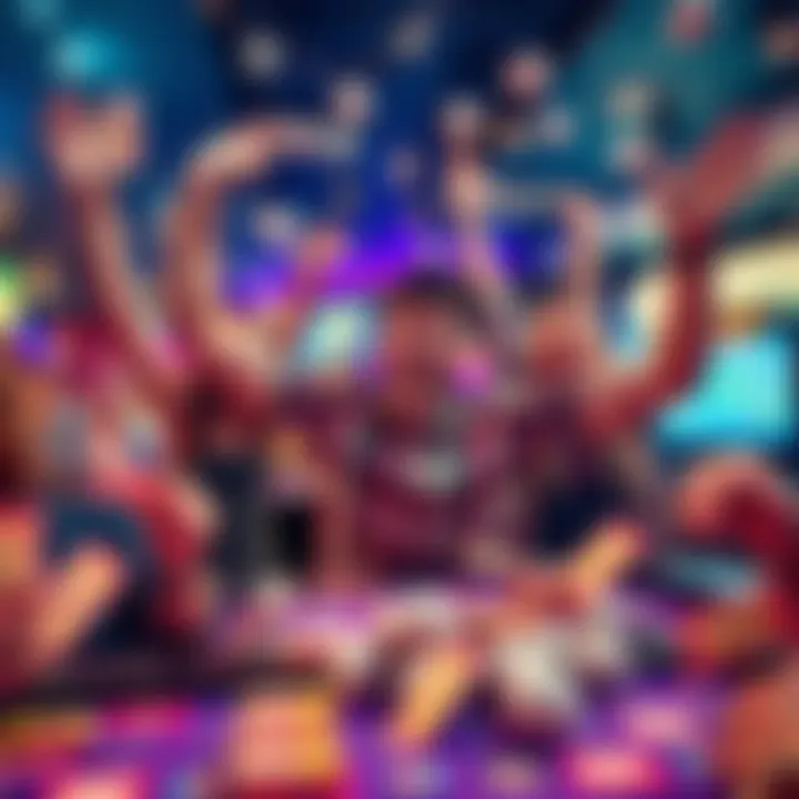 Keno Winner Celebrating A joyful player celebrating a surprise win in Keno at a gaming table, surrounded by colorful game tickets and excited friends.