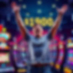 A joyful person celebrating a $1900 Keno win with arms raised in excitement, surrounded by Keno tickets and slot machines.