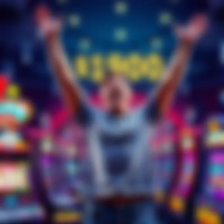 A joyful person celebrating a $1900 Keno win with arms raised in excitement, surrounded by Keno tickets and slot machines.