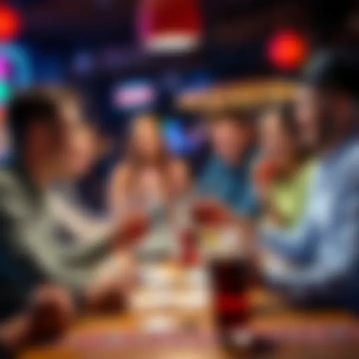 A group of friends celebrating while sharing their Keno winnings at a table with tickets and drinks