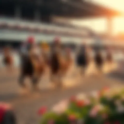 A thrilling moment from the Kentucky Derby with horses running on the track surrounded by cheering crowds.