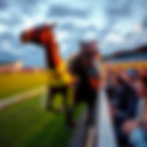 A horse racing event with excited fans cheering and betting at Kentucky Downs.