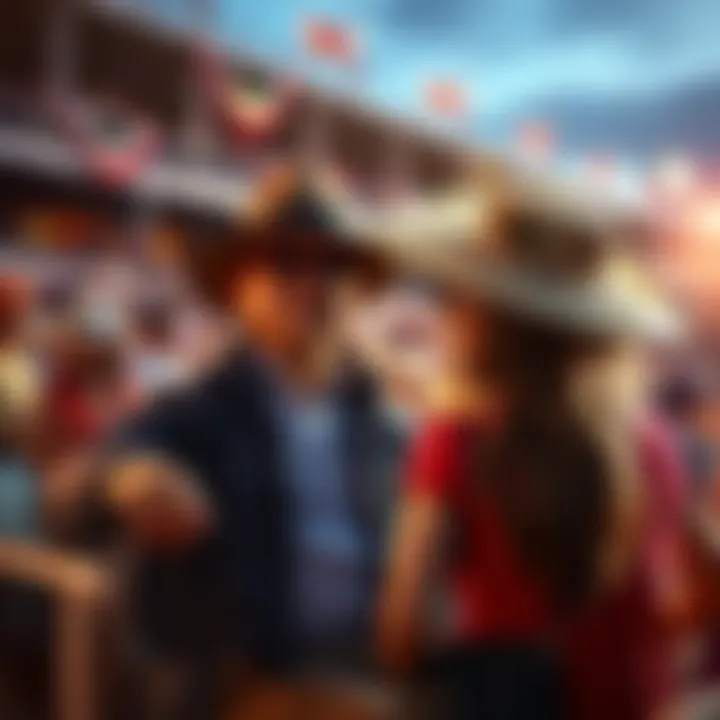 A family enjoying the Kentucky Derby, with a father and daughter celebrating the event. They are sitting in the stands, surrounded by colorful hats and banners.