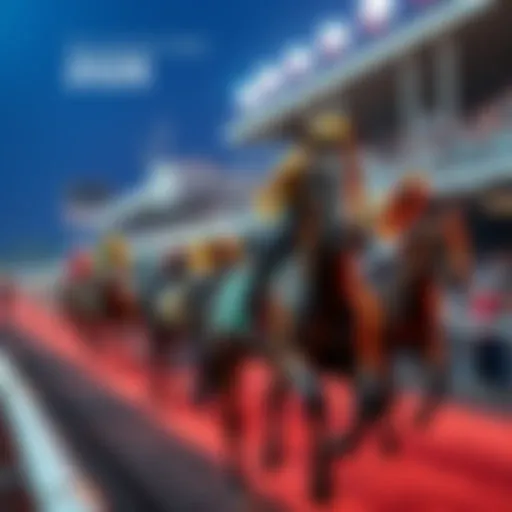 A vibrant scene from the Kentucky Oaks featuring horses racing with enthusiastic crowds cheering in the background.