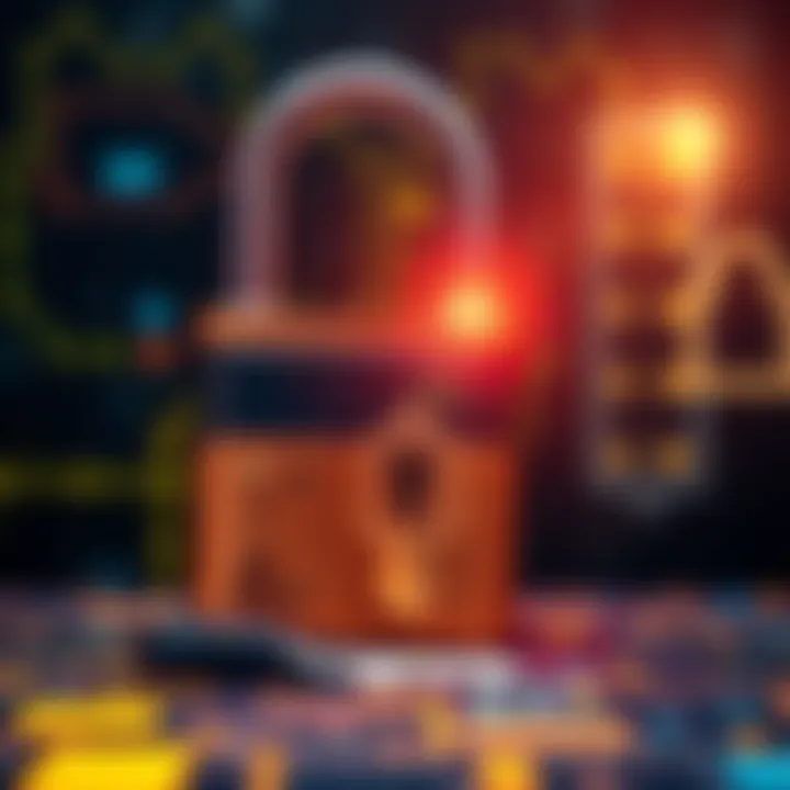 Key and Lock Concept A modern padlock and key on a digital background, symbolizing security and technology advancements.