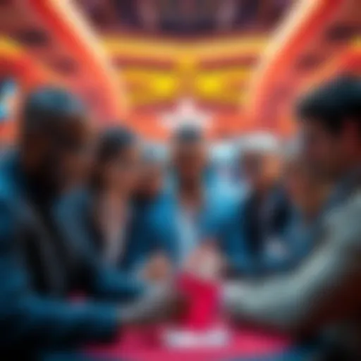 A group of diverse people representing key players in the gambling market, discussing strategies and decisions