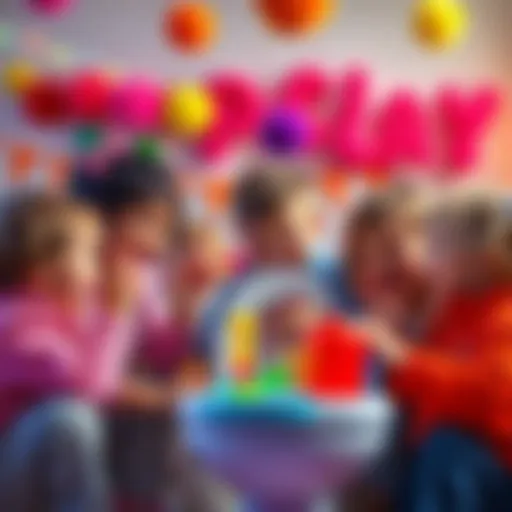 A group of children laughing and playing with Skibidi Toilet toys, surrounded by colorful decorations