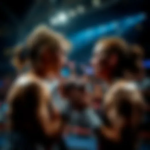 Klaudia Sygula faces Melissa Mullins in a tense moment during their fight, surrounded by a cheering crowd in an arena.