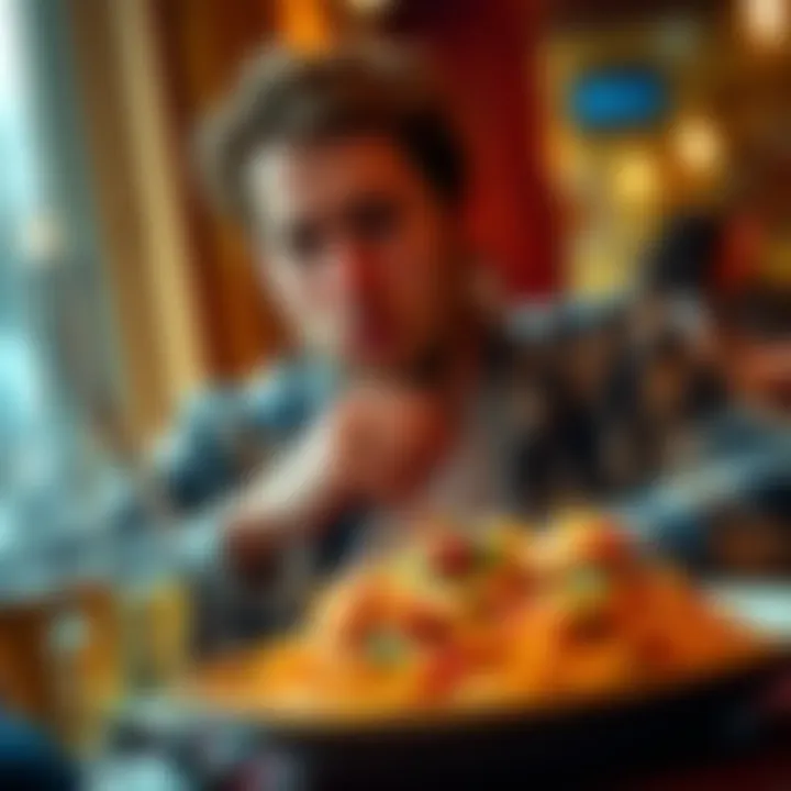 Klay Thompson looking distracted at dinner with catfish and spaghetti on the table