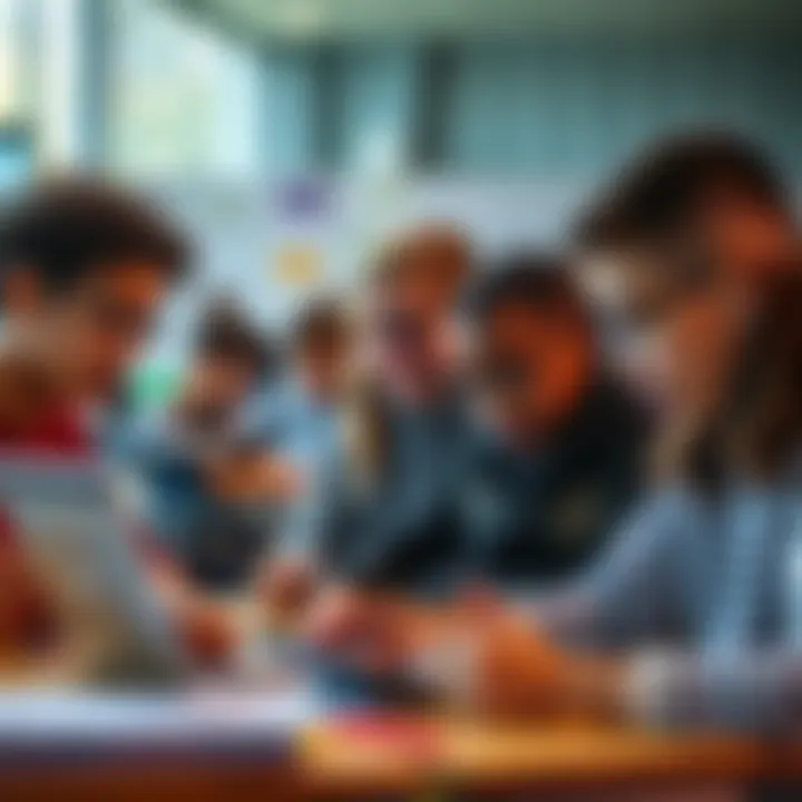 A group of diverse students engaging with technology in a modern classroom environment that showcases personalized learning experiences.