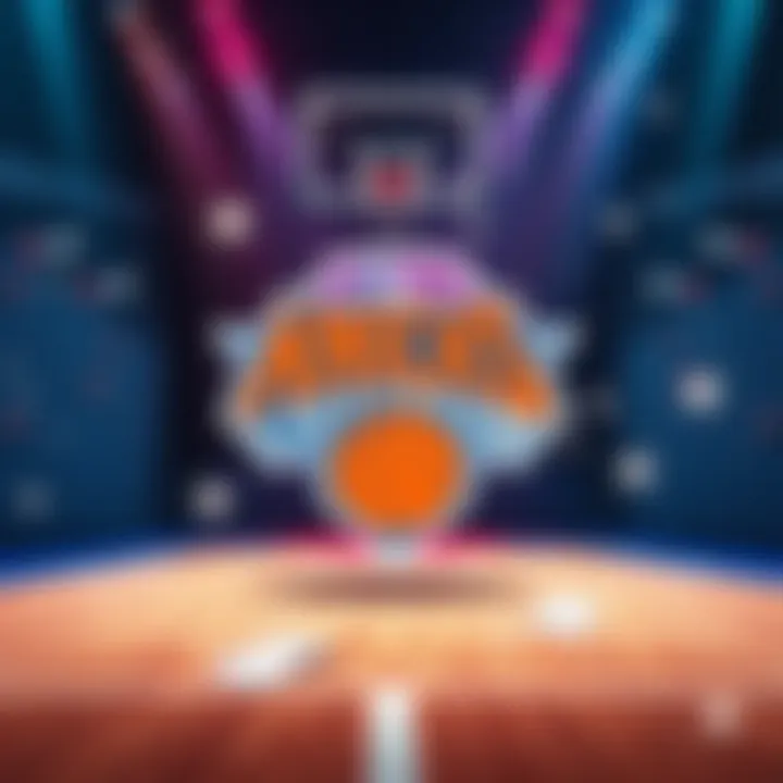 A basketball court showing the New York Knicks logo, with betting slips and a clock indicating halftime.