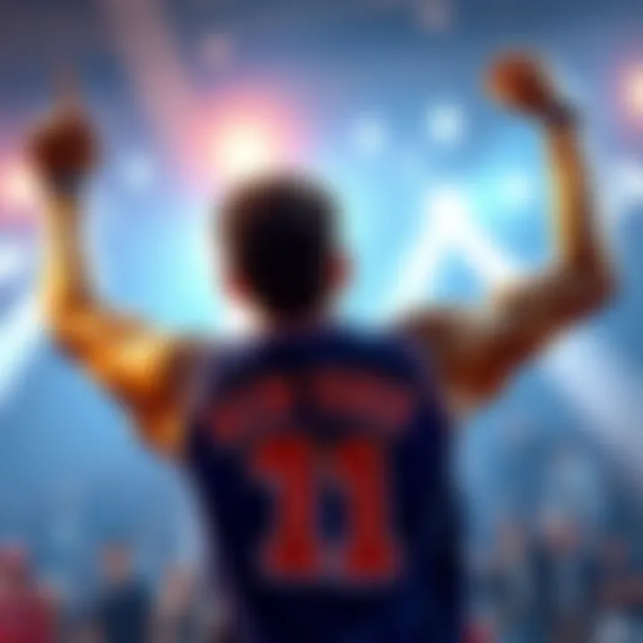 A person wearing a New York Knicks jersey celebrating.