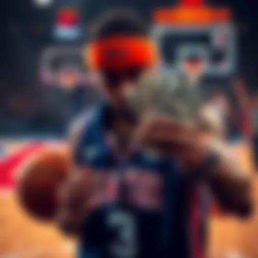 A person holding cash and a basketball, focused on betting on the New York Knicks in a playoff game.
