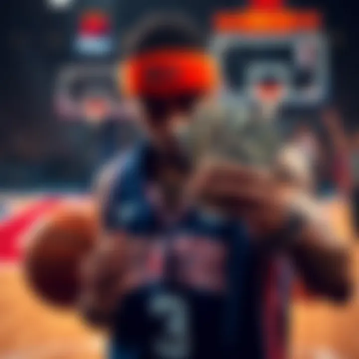 A person holding cash and a basketball, focused on betting on the New York Knicks in a playoff game.