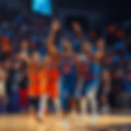 New York Knicks players celebrate after winning a playoff game, with fans cheering in the background.