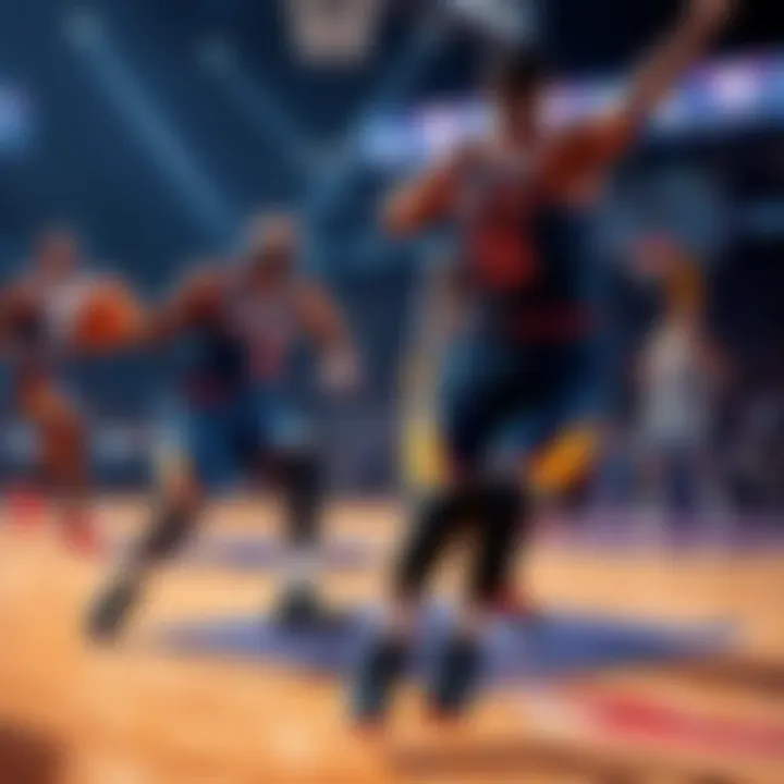 Basketball players from the Knicks and Pacers compete on the court during the Super Finals.