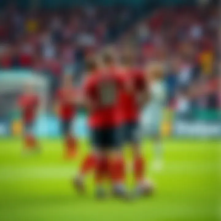 Kobenhaven and Leverkusen teams preparing for a football match, with fans cheering in the background