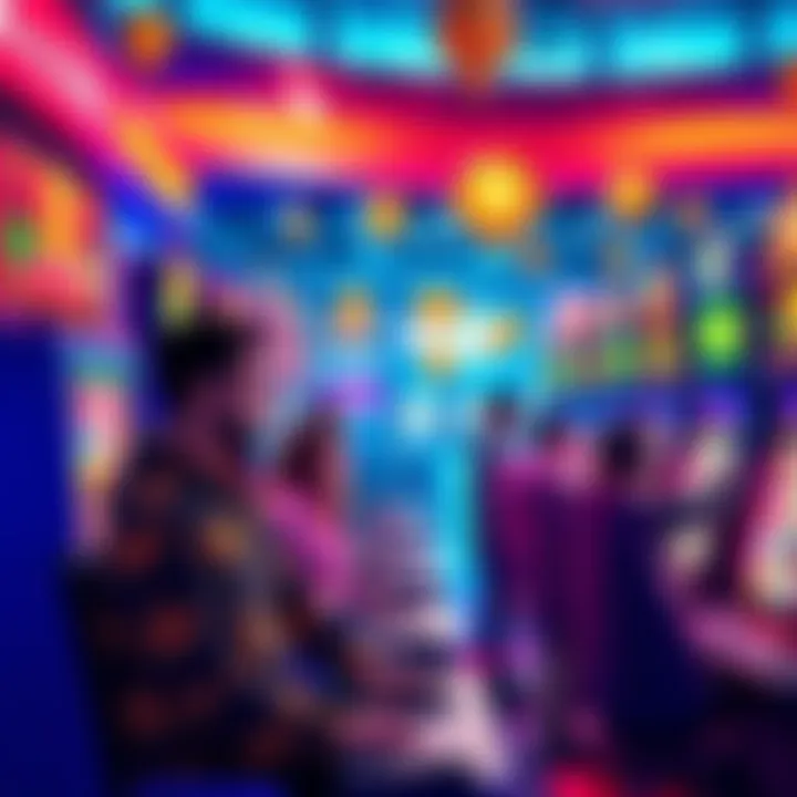 A vibrant scene showing new players engaging at a crypto casino, with colorful slot machines and digital currency symbols