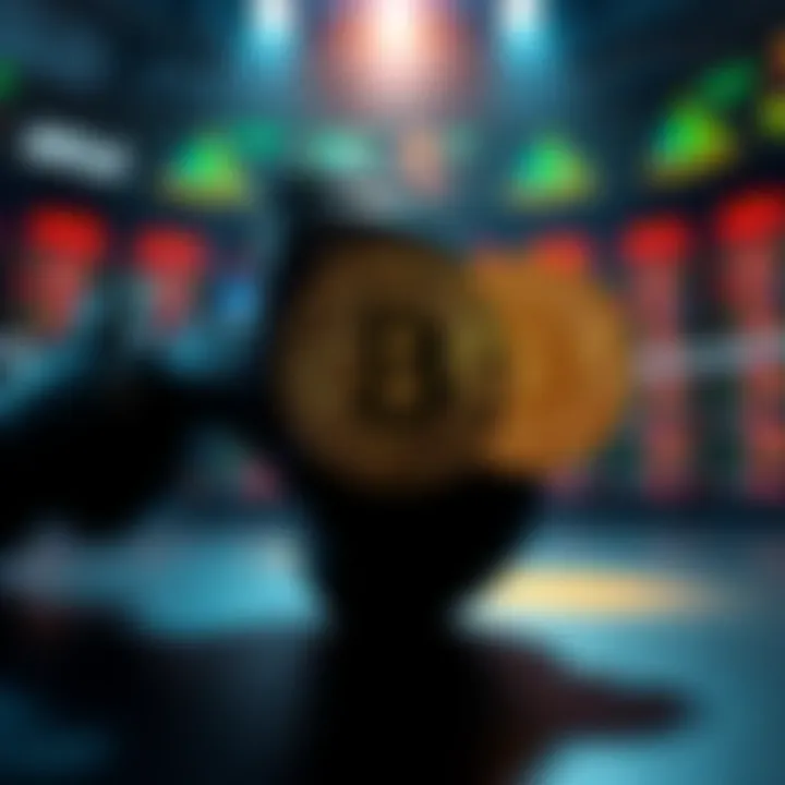 A visual representation of cryptocurrency symbols with MMA gloves and a betting platform in the background