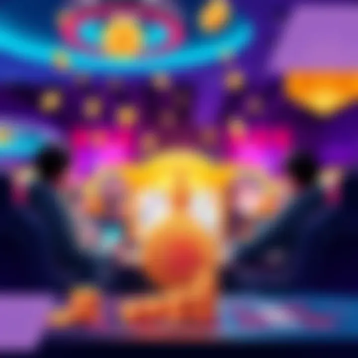 A digital illustration of a virtual casino with cryptocurrency symbols and players enjoying games.