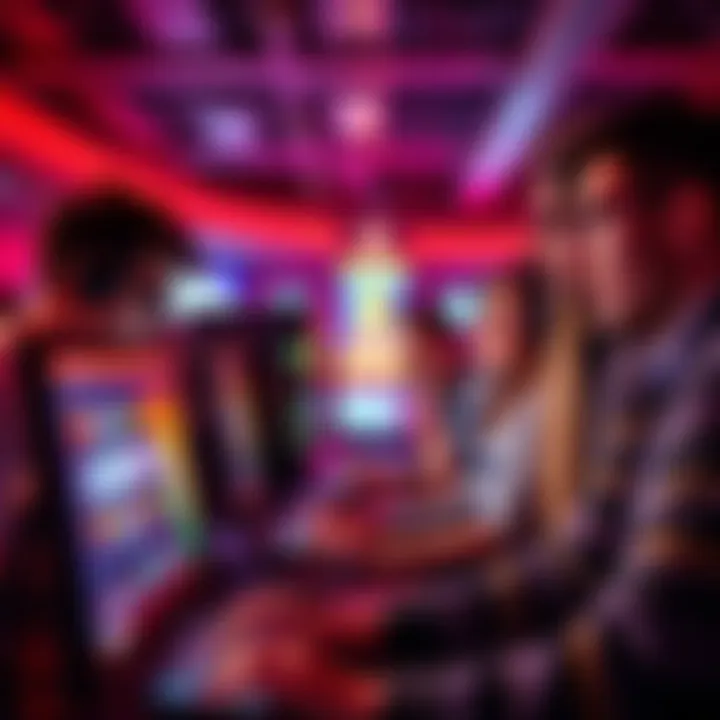 A group of people engaged in online crypto gambling, looking at computer screens with excitement and anticipation.
