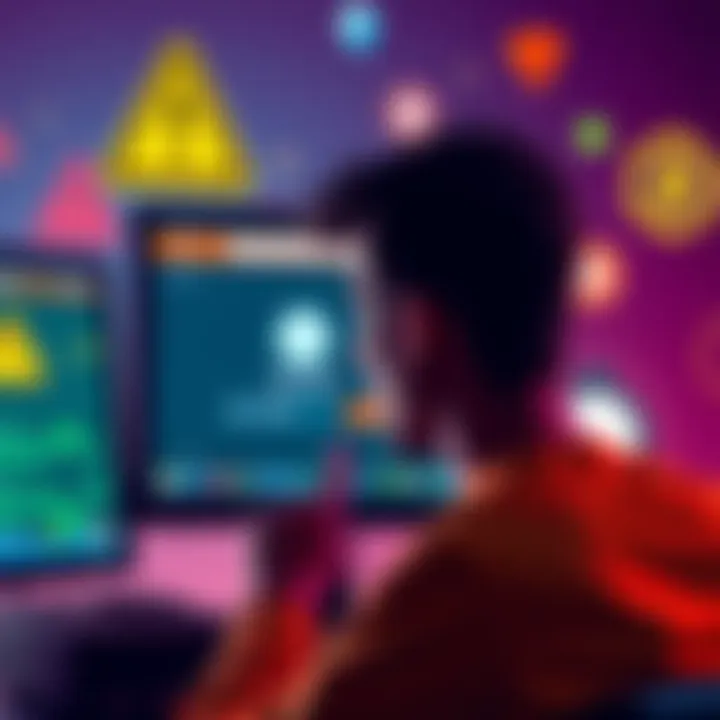 A worried person looking at their computer screen showing a restricted account. Warning signs and cryptocurrency icons in the background.