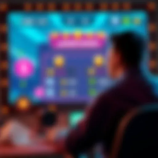 A game screen showing a player looking excited while checking their rank and bonuses, surrounded by icons representing strategies and rewards