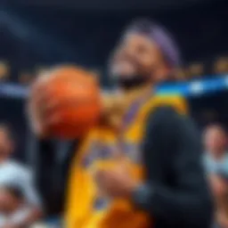 A cheerful Lakers fan holding a basketball and laughing despite the team's loss, showing a positive attitude