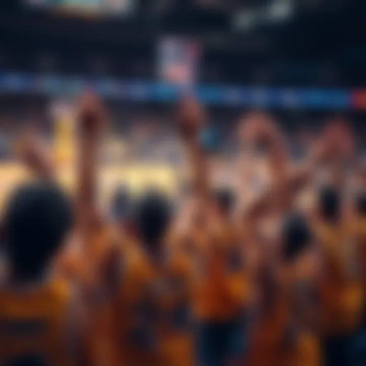 Excited Lakers fans cheer during a thrilling basketball game, showing their passion and team spirit.