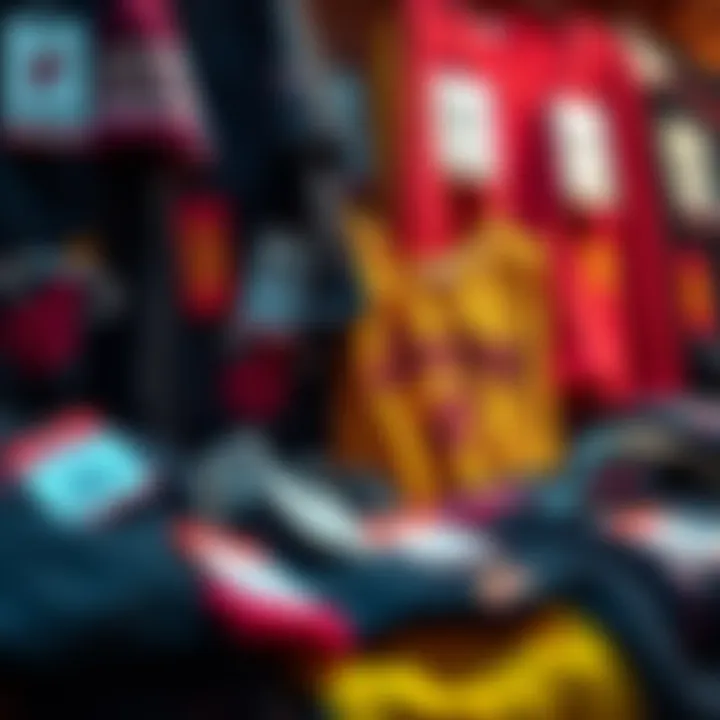 A collection of Lakers and Heat merchandise showcased with price tags and discount labels