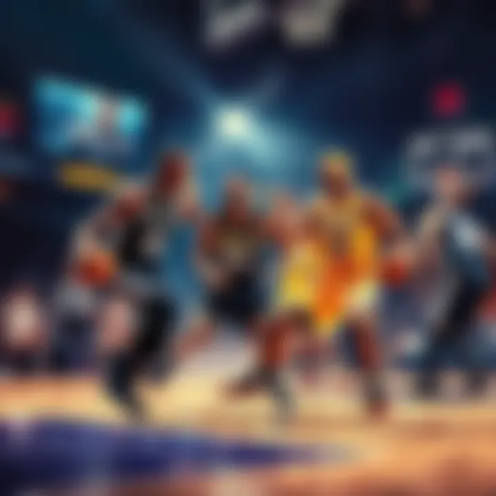 A thrilling basketball matchup between the Lakers and Spurs on the court with players in action, showcasing intensity and excitement.