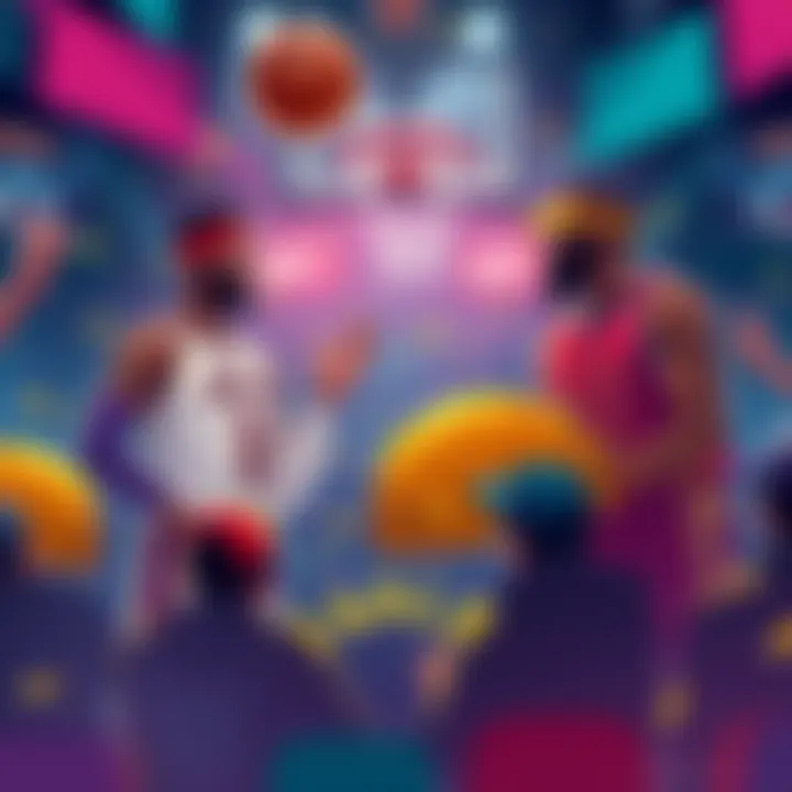 Illustration of basketball betting with a Taco Tuesday theme, showing two teams competing and fans celebrating with tacos.