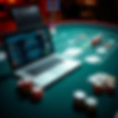 Laptop at Casino Table A laptop set up on a casino table next to playing cards and chips, showing the blend of work and gambling activities.