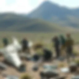 A group of paleontologists examining large fossilized bones in a remote area, with tools and equipment spread around.