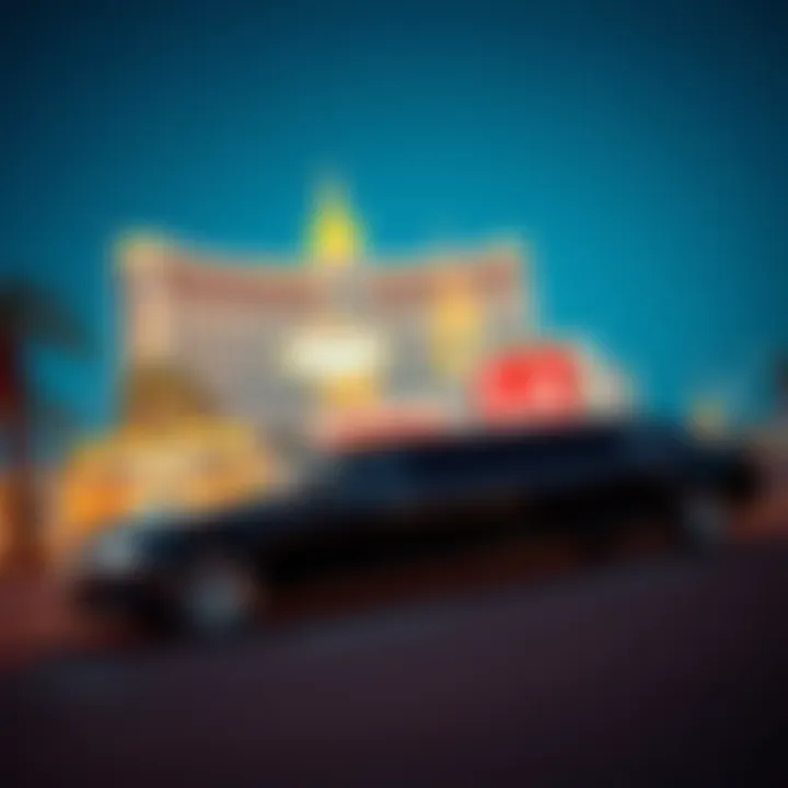 A luxurious limousine parked in front of a Las Vegas hotel, ready for passengers.