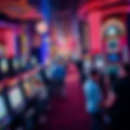 Las Vegas casino scene A bustling Las Vegas casino with people playing slot machines and table games amidst bright lights