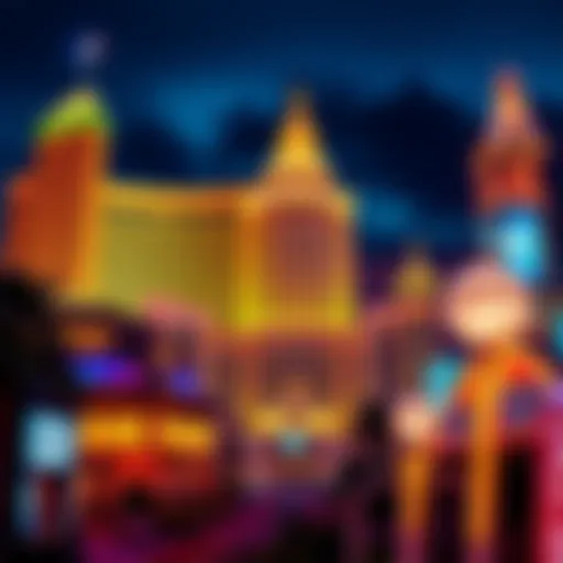 A collage of prominent Las Vegas casinos including Luxor, Excalibur, and Aria showcasing their unique architecture and vibrant lights at night