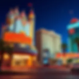 A view of three hotels in Las Vegas: Excalibur, Harrahs, and LinQ, showing their entrances and surroundings.