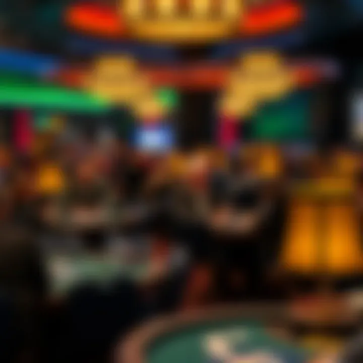 A crowded casino with players focused at poker tables in Las Vegas, showcasing competitive spirit and excitement.
