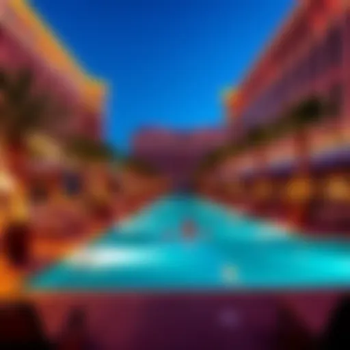 Relaxing pool scene at Park MGM, Aria, and Bellagio with lounge chairs and palm trees