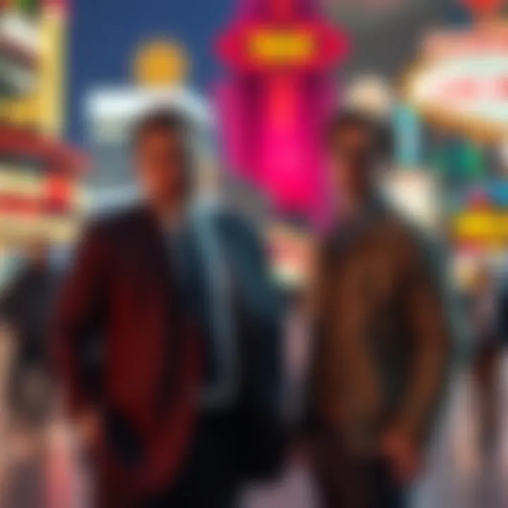 A man in a suit, looking deceitful, talking to another man in casual clothes, who appears skeptical and cautious, in a bustling Las Vegas setting.