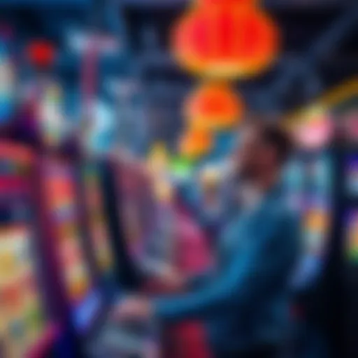 A visitor at a Las Vegas casino engaging with multiple slot machines, reflecting excitement after collecting points.