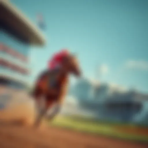 A horse racing on a track with a focused jockey, symbolizing the use of Lasix in the sport, while a crowd watches in the background.