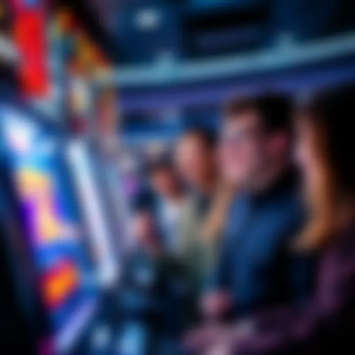A group of players excitedly looking at a slot machine, hoping for a big win as lights flash and coins spill out.