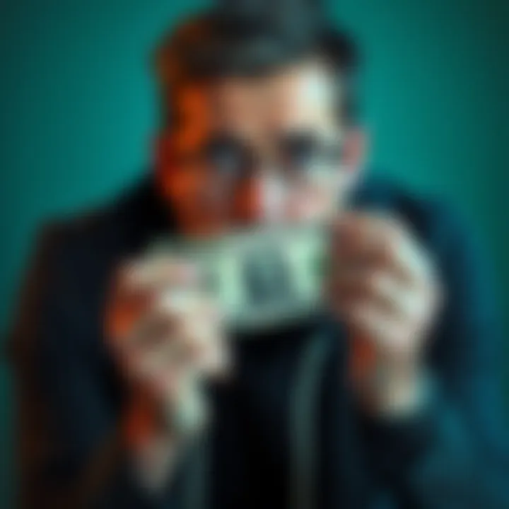 A worried person holding a dollar bill, contemplating financial decisions with stress on their face.