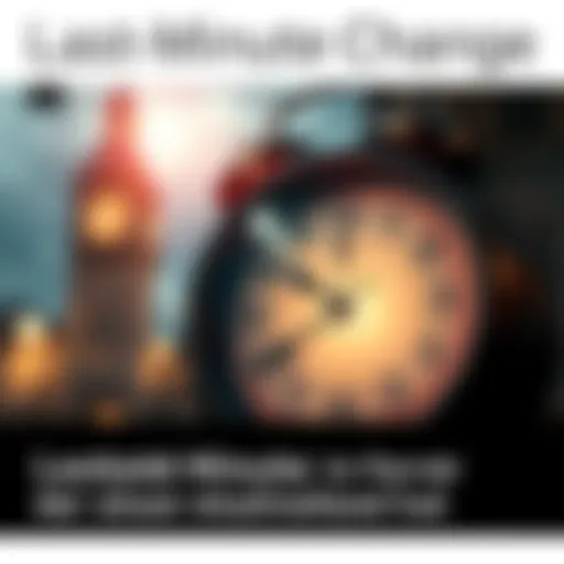 A dramatic scene showing a clock striking a crucial hour, symbolizing a last-minute decision that alters a situation.