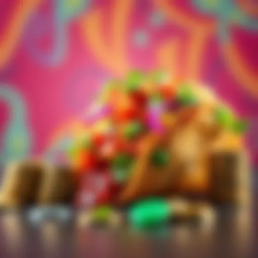 A delicious taco with vibrant toppings and a stack of coins symbolizing potential winnings, set against a colorful background.