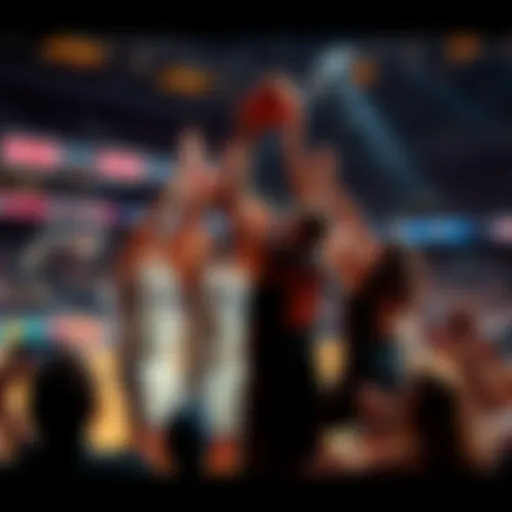 Last second basketball victory Players celebrating a dramatic last second win in a basketball game with fans cheering