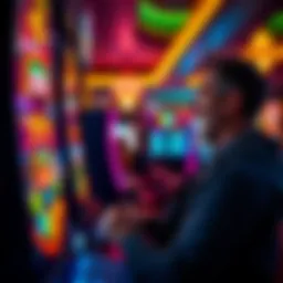 A casino player excitedly watches the slot machine during the final spin, surrounded by colorful lights and sounds.